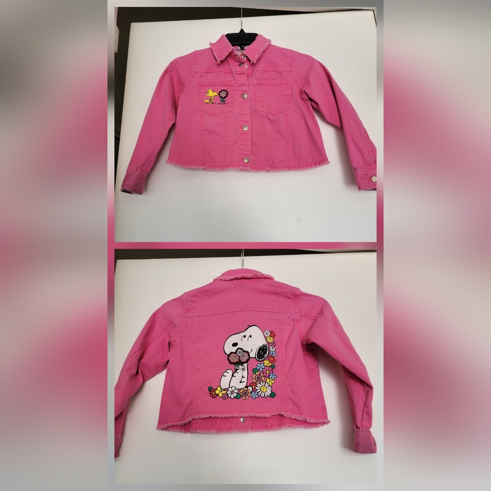 Peanuts Embroidered Graphic Cropped Pink Denim Cotton Girls Jacket Size 7